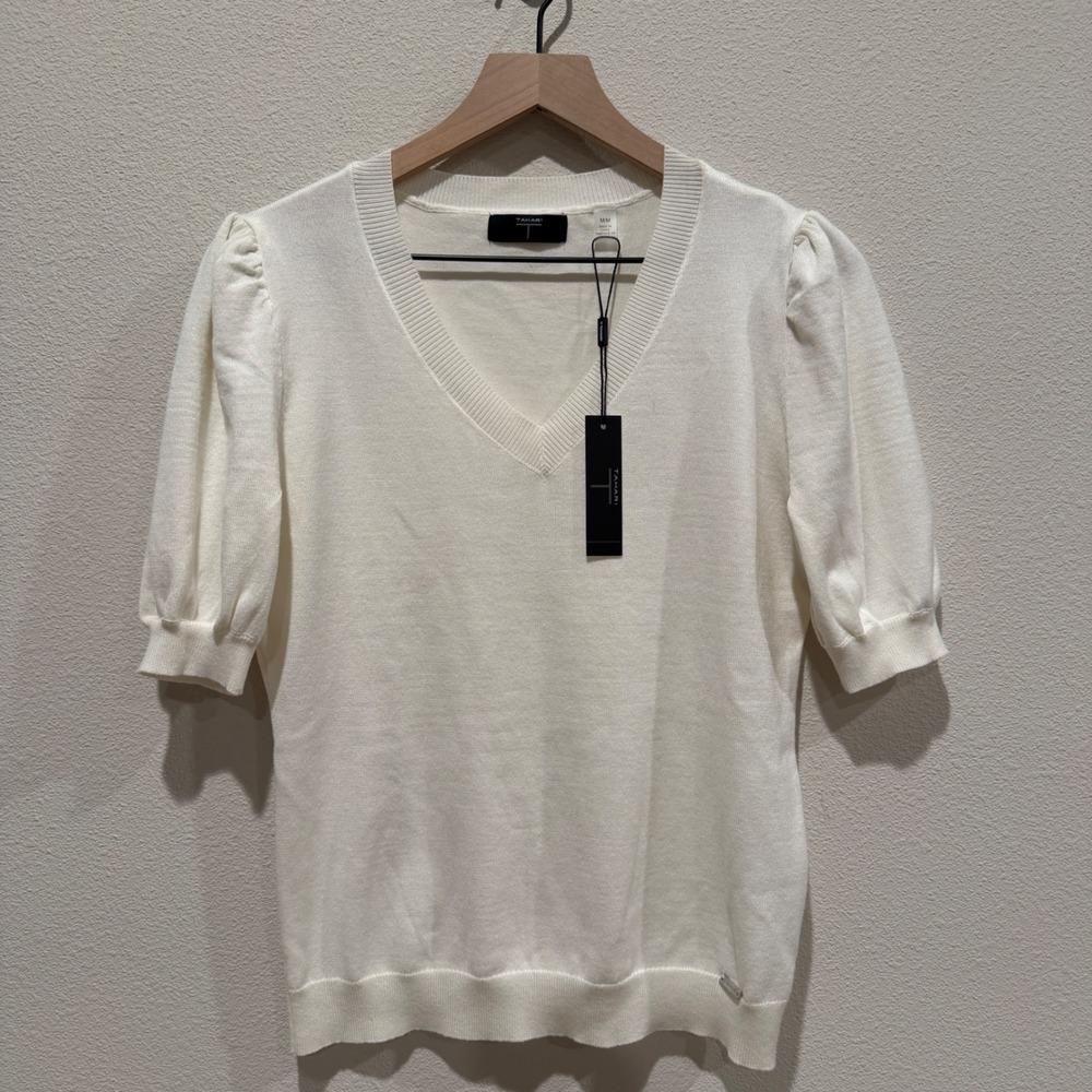 TAHARI Womens Puff Sleeve V-Neck Knit Top Size M Minimalist Coquette Office Wear